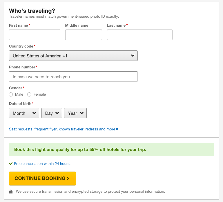 a form on expedia used to book a flight