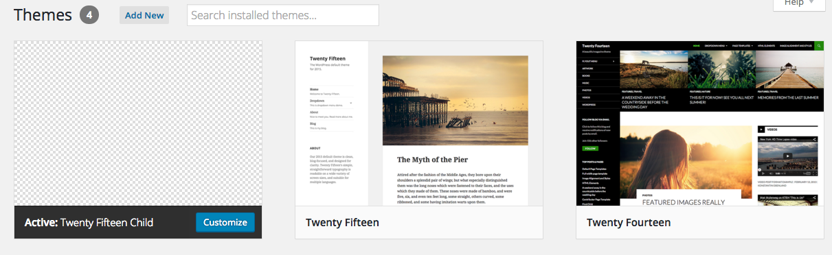 wordpress theme page showing a child theme with no image