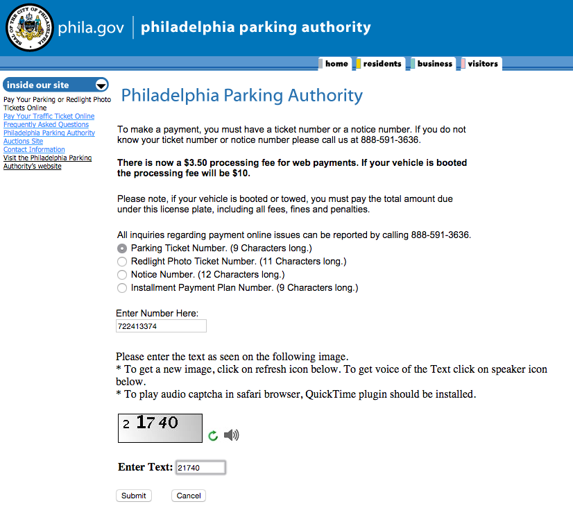 philadelphia  parking authority violation payment form